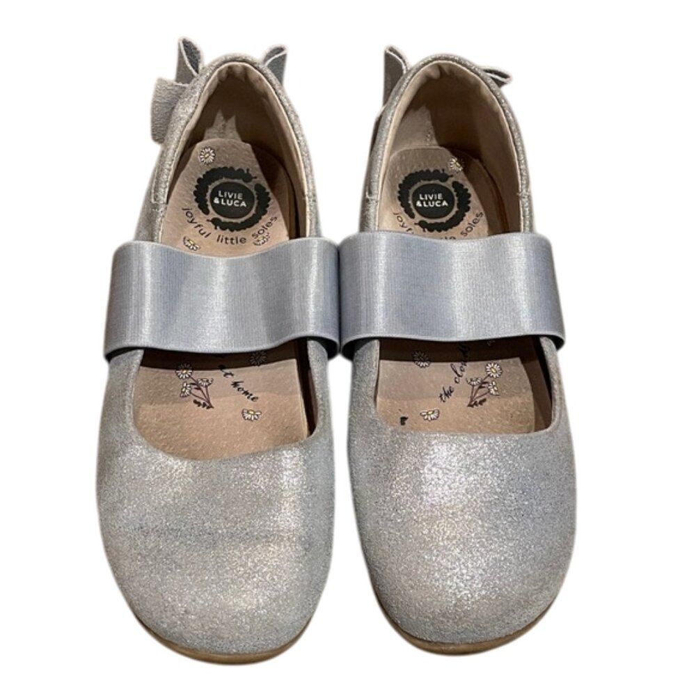 Livie & Luca Aria Silver Shimmer Leather Ballet Flats Shoes Girls Size 3Y Bow